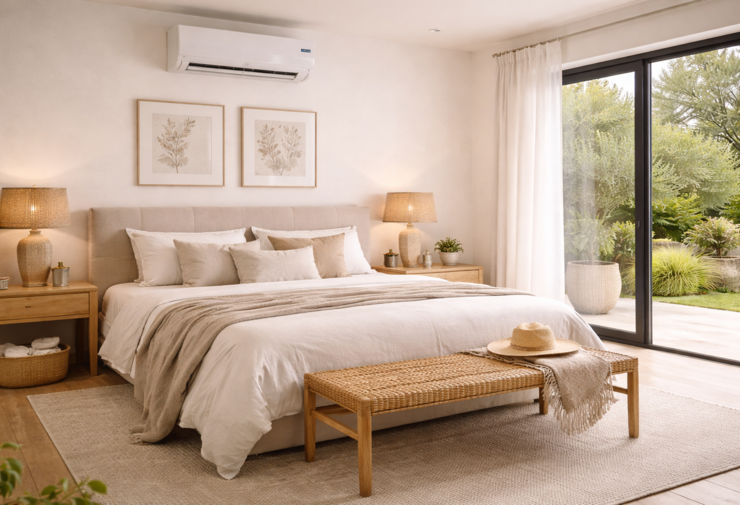 Chambre lumineuse et apaisante avec lit double, décoration naturelle et climatisation murale installée au-dessus du lit pour un confort thermique optimal.