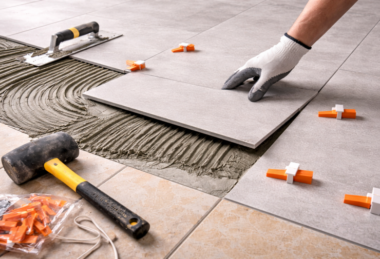 Pose de carrelage sur ancien carrelage avec application de colle, carreaux grand format, système de nivellement et outils de chantier pour une rénovation de sol efficace.