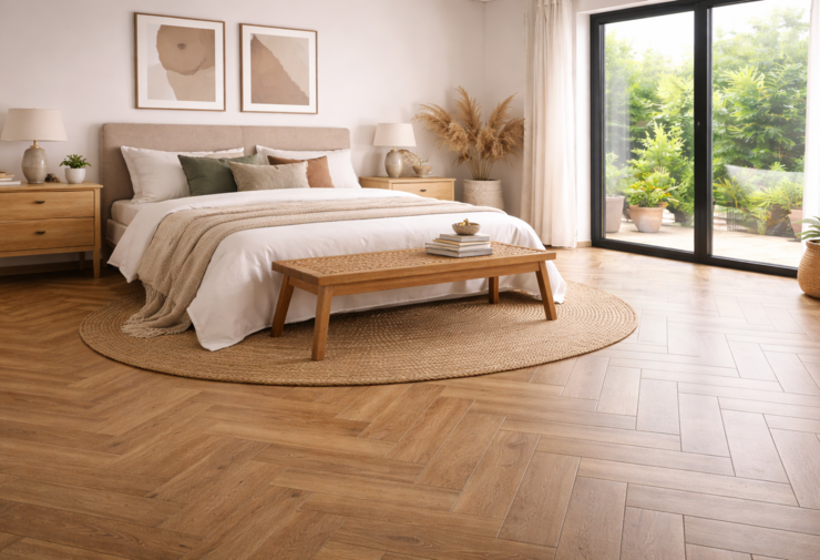 Chambre lumineuse avec carrelage effet parquet en pose chevrons, sol imitation bois chaleureux et décoration naturelle aux tons beige et bois clair